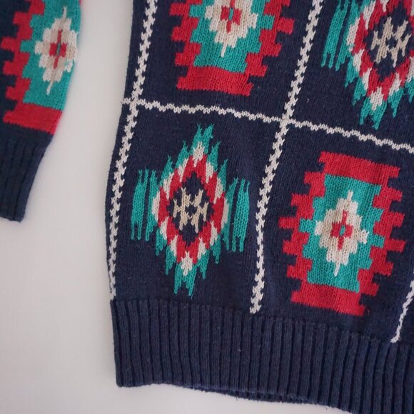 Vintage '90S Rivertrader Navy Knit Teal Red Aztec Cotton Blend  Crew Sweater L - Picture 7 of 12